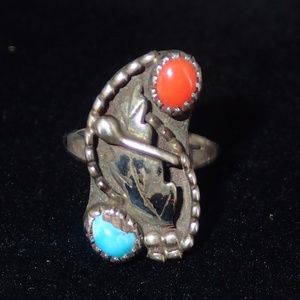 Genuine turquoise and coral Native American ring.926 sterling silver size 5.5